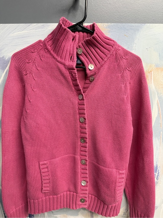Lands' End Sweaters - Vintage 90s Lands’ End Pink Cotton Cardigan Sweater L/P 14-16 Knit Fisherman
